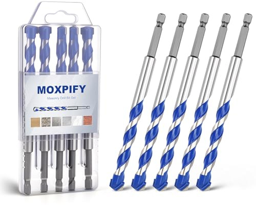 MOXPIFY 5pcs Impact 12mm Masonry Drill Bit Hex 150mm Extra Long | Tungsten Carbide Tip Concrete Drill Bits for Brick Wall Tile Porcelain (12mm x 150mm x 5, Hex Shank)