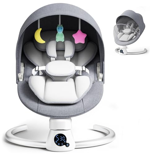 Hamaca Eléctrica para Bebé con Mando a Distancia y App,Mecedora con 5 Velocidades de Balanceo,3 Temporizadores,Arnés de 5 Puntos,2 Posiciones del Asiento,Silla Mecedora para 0-9 kg de Bebé-Gris