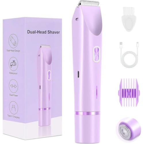 Razerly Maquinilla Mujer 2 En 1, Recortadora de Bikini con Cabezal Doble, Diseño Impermeable para Uso en Húmedo y Seco, Afeitadora Eléctrica para Zona Íntima, Axilas, Piernas y Piel Sensible (Morado)