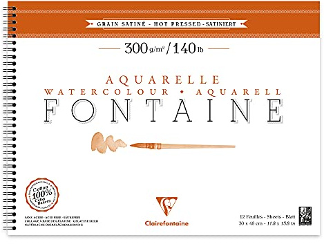 Clairefontaine 96364C Aquarellblock Fontaine Satiné (100% Hadern, feinkörnig, glatt, für Nass- und Trockentechniken geeignet, säurefrei, 300g, 30 x 40 g, 12 Blatt) weiß
