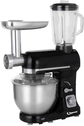 Topmatic Küchenmaschine 5 Liter mit Zubehör - 1800 W - Teigknetmaschine, Zerkleinerer, Fleischwolf, Universal Multifunktions Küchenmaschine, Standmixer, Edelstahl, Rührgerät, PKM-1800.1BG, Schwarz