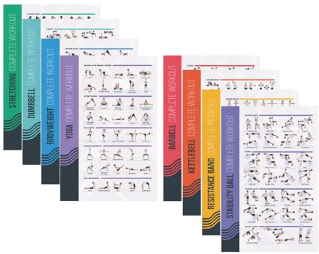 PosterMate 8er-Set Workout-Poster, DIN A2, 42x63cm | 100+ Übungen: Hantel, Körpergewicht, Yoga, Kettlebell