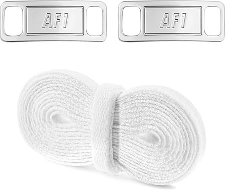 YLOKO Air Force 1 Original Laces with AF1 metal tags, 47” Flat Replacement Shoelaces for Air Force Ones Men Women Sneakers - White laces + Matte Silver Shoe Charms