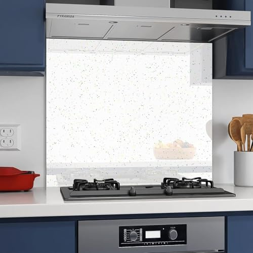BELOFAY 50x60cm White Sparkles 6mm Tempered Glass Splashback for Kitchen, 6mm Toughened Glass Heat Resistant Splashbacks for Cookers