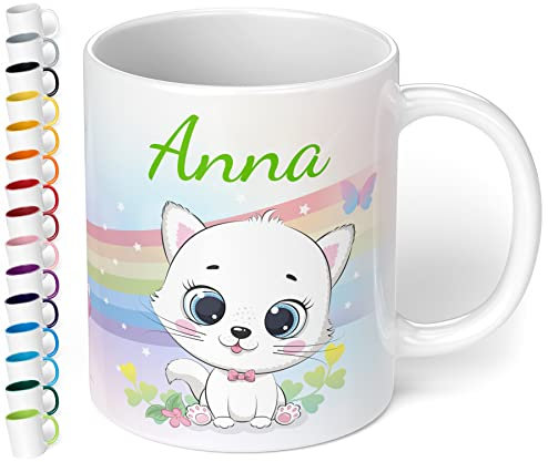 Kinder-Tasse mit Namen „Weiße Katze mit Regenbogen-Motiv“ – personalisierte Namenstasse für Jungen und Mädchen - rundum bedruckt – schönes Geschenk zu Weihnachten, Geburtstag (Weiß)