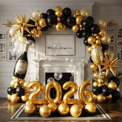Happy New Year Eve Party Decoration Supplies 2026 New Years Eve Black and Gold Balloon Garland Arch Kit Champagne bottles and glasses and 2026 Foil Balloon