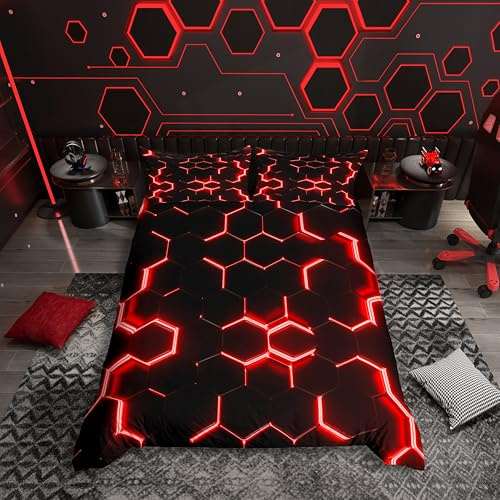 Loussiesd Red and Black Print Duvet Cover Single Size Boys Hexagonal Bedding Set Kids Teens Neon Glitter Honeycomb Decor Comforter Cover Beehive Simplistic Geometric Bed Set 2Pcs