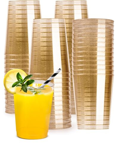 LAOYE 55 Pcs Gobelets en Plastique à Paillettes Dorées 300ml Verre Scintillant d'Or Reutilisable - Gobelet Anniversaire Verre Mariage Tasses à Dessert pour Party Bridal Shower