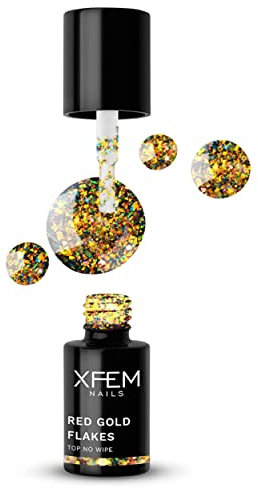XFEM Überlack UV LED Gellack Gel Nagellack, Top No Wipe (6ml, Red Gold Flakes)