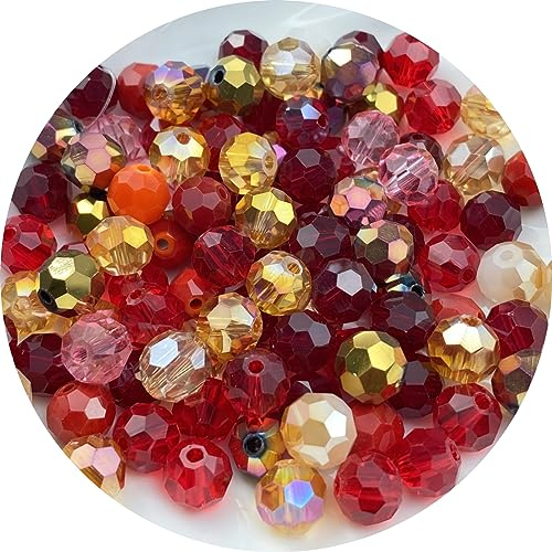 Xinhongo 100pcs 8mm Round Crystal Glass Beads Round Faceted Spacer Beads for Jewelry Making Bracelet Earring Necklace Wind Chimes Suncatchers DIY Craft Making Supplies(Red Series)