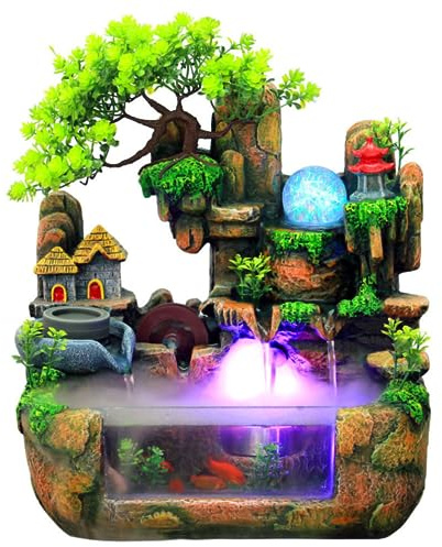 110V Tabletop Fountain Indoor,12LED Waterfall Fountain Zen Meditation,Mini Silent Desktop Simulation Resin Rockery Water Fountain,Bonsai Home Decor with Atomizer and Fish Bowl,for Office,Bedroom