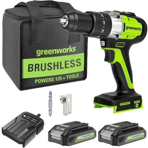 Greenworks Juego de destornilladores de impacto sin escobillas de 24 V (ion de litio, destornillador de 24 V 60 Nm, caja de cambios de 2 velocidades, incluye 2 baterías de 2,0 Ah, cargador)