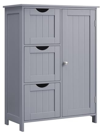 VASAGLE Badezimmerschrank, mit 3 Schubladen, Schranktür, 30 x 60 x 80 cm | Schmaler Badschrank, Beistellschrank, Kommode, verstellbare Ablage, taubengrau, SOFIE Kollektion BBC049G02