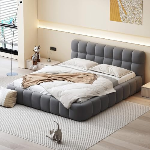 MQGPM Polsterbett 140x190cm, Doppelbett mit weicher Rückenlehne und Lattenrost, Flachbett mit Polsterumrandung für Erwachsene und Jugendliche, Ohne Matratze, Grau