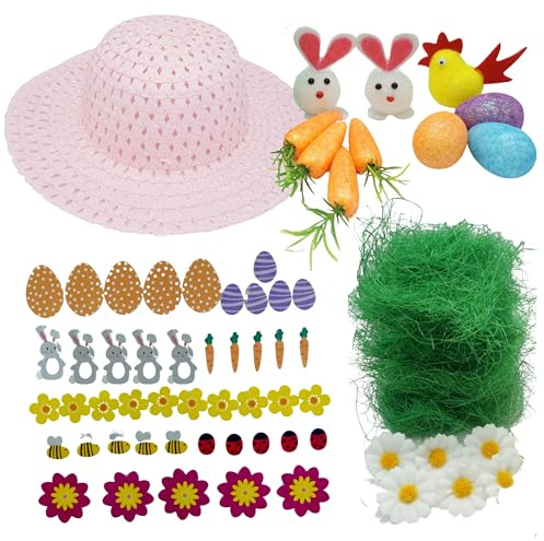 HOVUK Easter Bonnet Craft Kit for Kids | 63-Piece Easter Decoration Set with Foam Stickers, Glitter Carrots, Pompom Bunnies & Flowers | Perfect for Easter Party, School Crafts, Home Décor