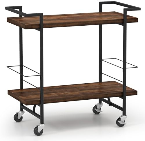 KOMFOTTEU Carrito de Bar con Ruedas, Carro Auxiliar con Soporte para Botellas, Carro de Servicio con Marco de Metal, Carrito Móvil con Asa de 2 Niveles, para Cocina, Comedor, Industrial