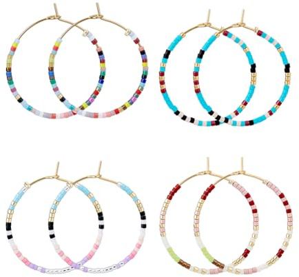 SUPERFINDINGS 4 Paar Perlen Creolen Böhmische Perlenohrringe Bunte Große Kreis Ohrringe Vintage Offene Creolen Perlenohrringe Schmuck Für Frauen Teenager Mädchen