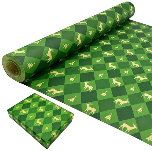 Papel Kraft para Envolver Regalos de Navidad: Papel Kraft Reciclable Verde para Envolver Regalos de Navidad - 43 cm x 15 m