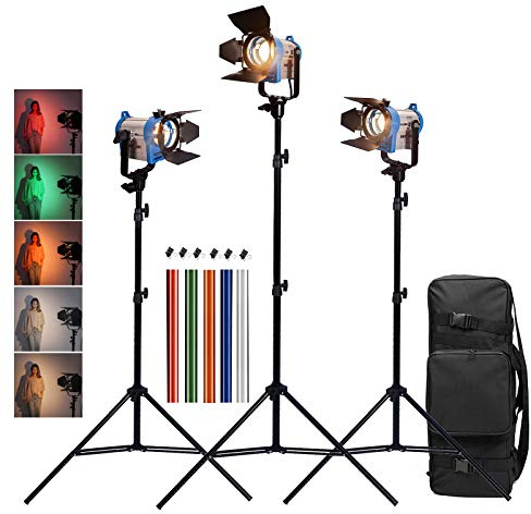 BOLLUMA Fresnel - Kit de foco de tungsteno de 150 W, iluminación continua, proyector con lámpara halógena, filtro de gelatina, abrazaderas, soporte de luz y bolsa de transporte para estudio de vídeo y