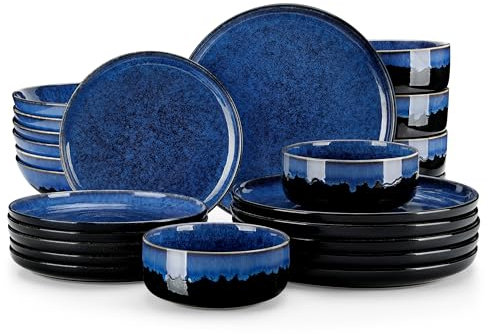 Geschirrset 6 Personen modern, vancasso STARRY 24-teiliges Steingut Geschirr Set, Kombiservice Set Blau, Tafelservice 6 Personen, Inklusive Speiseteller, Dessertteller, Suppenteller und Müslischalen