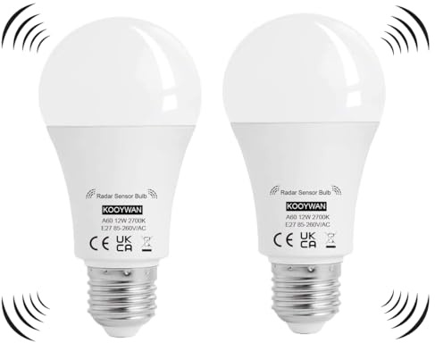 KOOYWAN 12W E27 LED Lampe mit Bewegungsmelder 2700K 1250LM 2Stk A19e | Integriert: Radar & Dämmerungssensor (5m Radius). Auto On/Off. Alu im Kunststoff: 25000H. 1.5m Lampenabstand. Flur, Garage.