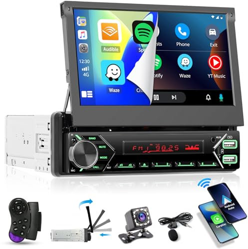 Hikity Dab Dab+ 1 DIN Radio de Coche Inalámbrico Carplay Android Auto 7 Flip out Motorizado de Pantalla Táctil con Bluetooth Manos Libres USB Type-C, FM Radio Cámara Marcha Atrás