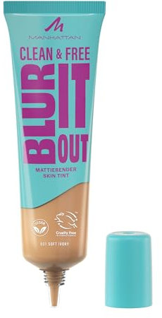 Manhattan Clean & Free Blur It Out Skin Tint, leichtes, hautberuhigendes Make-up mit Blur-Effekt für ein mattiertes Finish, 30 ml, 031 Soft Ivory