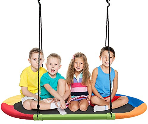 GOPLUS Columpio Nido de Pájaro Ovalado 150x80cm en Tela Oxford, Altura Ajustable 100-160CM, Estructura de Metal, Columpio para Interior y Exterior, Carga Máxima 150KG