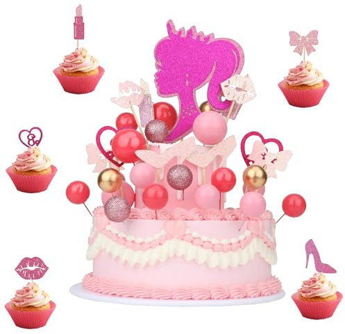 31 Piezas Decoracion Tarta Cumpleaños Princesas, Decoración Pastel Niña Rosa, Princesas Cupcake Topper, Decoración para Fiesta de Cumpleaños, Tacones Bolsas de Pintalabios Adorno para Tarta