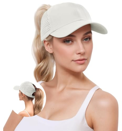 YAMEE Damen Baseballkappe Sommer, Mesh Atmungsaktive, Schnelltrocknende, Pferdeschwanz-Loch, Wasserdicht, Beige