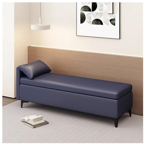 Polsterbank mit Stauraum, Kunstleder, mit Kissen, stilvolle Fußstütze für Wohnzimmer und Schlafzimmer, vielseitig einsetzbar, 80 cm, Blau