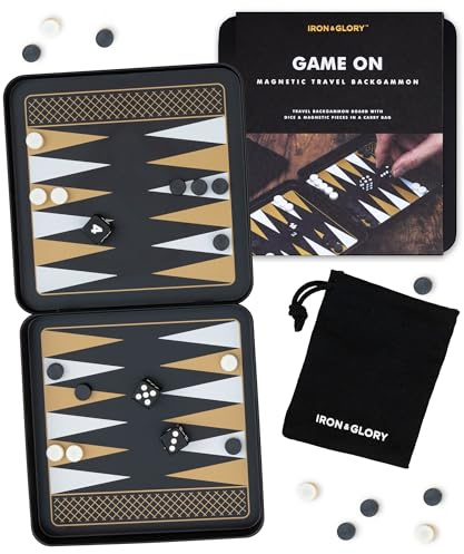 Iron & Glory Ensemble de Backgammon de Voyage magnétique en étain Durable avec pièces magnétiques sécurisées, Jeu de société Compact et Portable pour Jeu de stratégie Familial avec Pochette de