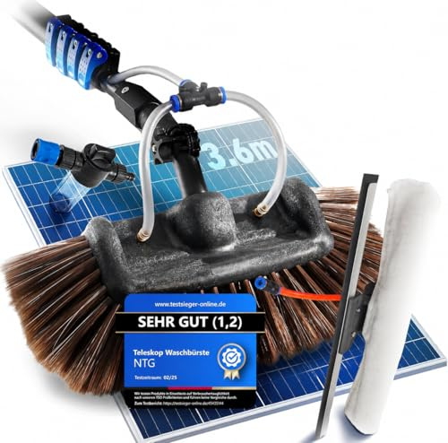 NTG Cepillo de lavado telescópico 3,6 m, cabezal 3 en 1 con cerdas extrasuaves | Paño de microfibra y escobilla de goma + conexión de agua | Set de limpieza para invernadero Sistema fotovoltaico