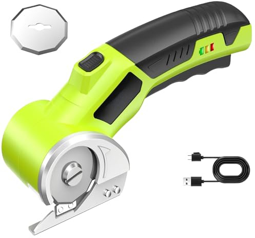 Ciseaux Électriques Sans Fil, Cutter Rotatif Rechargeable 4V, avec Double Verrouillage de Sécurité, Ciseaux Electrique Tissu Couture, Lame de Rechange, Coupe Carton, Tapis, Cuir, Plastique (Vert)