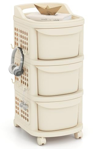 COSTWAY 3/4 Drawers Rolling Utility Cart, Plastic Storage Trolley with Wheels, 6 Hooks, Pegboard & Handle, Multi-Functional Mobile Storage Organizer for Living Room Bedroom School Beauty (3 Drawers)