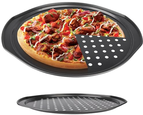 Lawnrden Panne per pizza da 14 pollici in acciaio senza ruggine pentola antiaderente con fori e maniglia di 0, 4 mm vassoio rotondo di spessore per la cottura di torte di pane |.Pan con buchi
