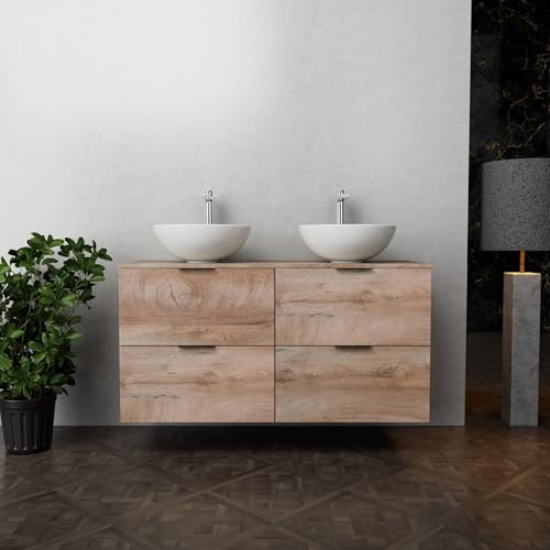 INDA - Mobile Bagno L.120 con Doppio lavabo in appoggio/Rovere Naturale 4 cassetti - Topazio