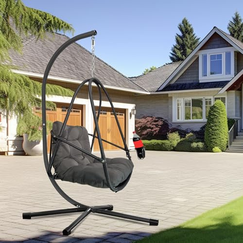 DancingSwan Outdoor Hanging Egg Chair: Patio Swing Chair with Stand & Cushion - Foldable Rattan Style for Vacation Rentals & Guesthouses with Cup Holder & Removable Guardrail
