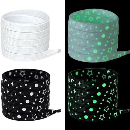 2 Paia Lacci per Scarpe da Ginnastica, Lacci che Si Illuminano al Buio, Lacci Scarpe Piatti, Shoelaces, Lacci con Motivo a Stelle, per Scarpe Casual, Scarpe di Tela (Neri, Bianchi, 120 cm)