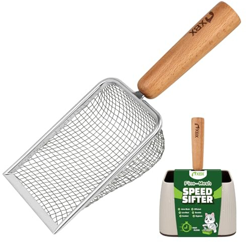 XBX Cat Litter Scoop with Holder – Metal Mesh Litter Scooper, Wooden Handle Fine Litter Scoop with Small Holes for Litter Box, Efficient Sifting and Easy Cleaning