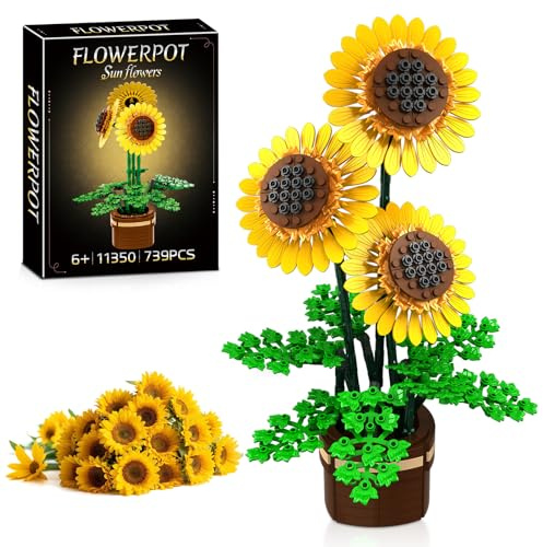 kiothdre Kit Construction Fleur Tournesol avec Vase, Collection Botanical pour Adulte - 739PCS Tournesols Bouquet de Fleurs, Cadeau Saint Valentin Femmes Adulte