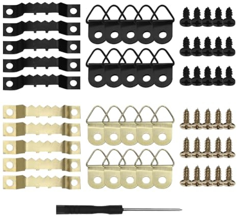 251 Pcs Metal Picture Hanging Kit Small Sawtooth Picture Hangers Heavy Duty D Ring Photo Hangers Screws Photo Frame Mounting Hangers Hardware Tool with Storage Case for Artwork Black and Golden