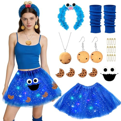 ITJMRJP Krümelmonster Kostüm Damen Kinder Krümelmonster Cookie Monster Kostüm Damen Mädchen mit Blauem Tüllrock Haarreif Halskette Ohrringe Beinstulpen Accessoires für Halloween Karneval Fasching