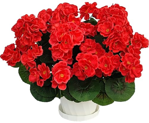 Jusdoja Künstliche Blumen wie Echt Geranien, Outdoor & Wetterfest, 4 Bündel | Rote Seidenblumen für Draußen, Balkon, Garten & Balkonkasten.