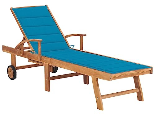 Owoxanthellate Sonnenliege klappbar 195 x 59,5 cm Teakholz wetterfest mit Rollen und Blauer Auflage Gartenliege Relax in 4 Positionen für Balkon Terrasse und Pool