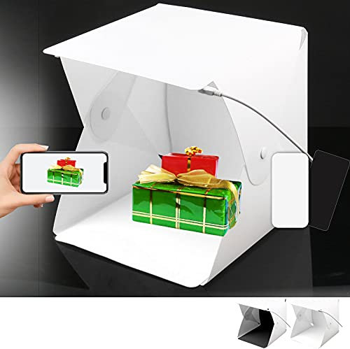 Portable Photo Studio Mini Light Box Photography 23x23cm Light Boxes, LED Studio Lighting Box Shooting Tent Foldable with White Backdrop, Black Screen