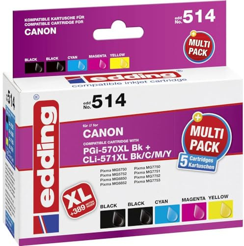 edding Druckerpatrone EDD-514 - Multipack 5-2X Schwarz, Cyan, Magenta, Gelb - 1x 25 ml + 4X 13 ml - Reichweite 1x 520 4X 810 Seiten - Ersetzt Canon PGI-570XL/CLI-571XLBK/C/M/Y