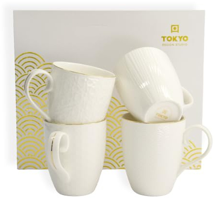 TOKYO design studio – Nippon White Gold Rim Tassen Set 4-tlg. – 380ml | Hochwertiges Porzellan mit Goldrand – vier besondere Muster– spülmaschinengeeignet – für Tee, Kaffee und Latte