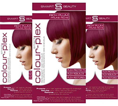 Rich Plum Hair Dye Permanent with Anti-Breakage Plex Hair Care, Vegan Hair Dye & Cruelty-Free, PPD Free Hair dye, Grey Coverage, Warm Plum Hair Colour, by Smart Beauty (pack of 3)