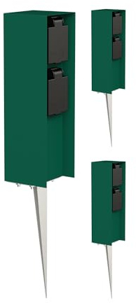 ledscom.de 3 pzas. Toma de jardín Pilar POMI con Pica de Tierra para Exteriores, IP44, 2 vías, Verde, Cuadrada, 23cm